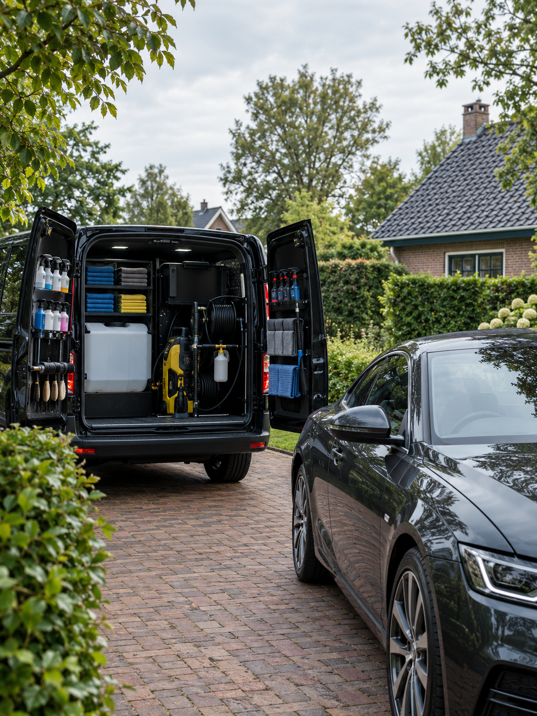 Bus met detailingapparatuur en een auto op de oprit van een klant