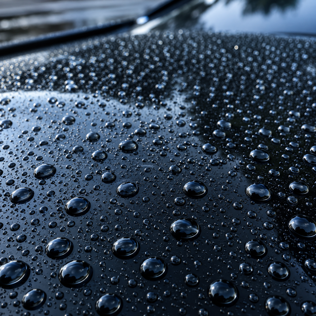 Waterdruppels parelen op zwarte lak met keramische coating